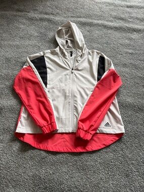 adidas Two-Tone Hooded Zip Jacket in White and Coral